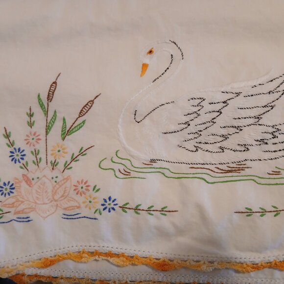Vintage Hand Embroidered Pillowcase-Swan & Floral Design-Crocheted Fringe - Picture 6 of 6